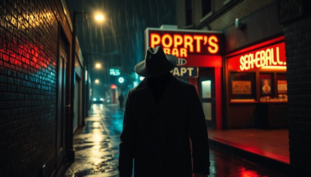 A dimly lit alley, rain-slicked pavement glistening under a lone streetlight. A figure emerges from the shadows, trenchcoat collar turned up, fedora brim shielding their face. In the background, the neon sign of a seedy sports bar casts an ominous glow. The air is thick with tension, hinting at the web of corruption and greed that lurks beneath the surface of the sporting world. A classic noir aesthetic, complemented by high-contrast lighting and a moody, atmospheric color palette, lends an air of mystery and foreboding to the scene. A dimly lit alley, rain-slicked pavement glistening under a lone streetlight. A figure emerges from the shadows, trenchcoat collar turned up, fedora brim shielding their face. In the background, the neon sign of a seedy sports bar casts an ominous glow. The air is thick with tension, hinting at the web of corruption and greed that lurks beneath the surface of the sporting world. A classic noir aesthetic, complemented by high-contrast lighting and a moody, atmospheric color palette, lends an air of mystery and foreboding to the scene.