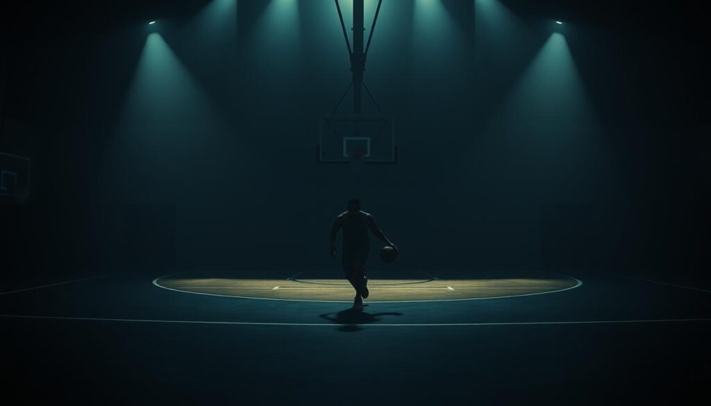 A dimly lit basketball court, the painted lines fading into the shadows. In the foreground, a lone player dribbles the ball, their face obscured by the harsh contrast of light and dark. The backboard casts an ominous shadow, like a hulking silhouette watching the player's every move. The court is bathed in a moody, cinematic lighting, with harsh shadows and pools of light creating a sense of tension and drama. The player's movements are tense, their body language conveying a sense of determination tinged with a hint of melancholy. The overall atmosphere evokes the gritty, atmospheric quality of classic film noir, capturing the dark side of the pursuit of athletic glory. A dimly lit basketball court, the painted lines fading into the shadows. In the foreground, a lone player dribbles the ball, their face obscured by the harsh contrast of light and dark. The backboard casts an ominous shadow, like a hulking silhouette watching the player's every move. The court is bathed in a moody, cinematic lighting, with harsh shadows and pools of light creating a sense of tension and drama. The player's movements are tense, their body language conveying a sense of determination tinged with a hint of melancholy. The overall atmosphere evokes the gritty, atmospheric quality of classic film noir, capturing the dark side of the pursuit of athletic glory.