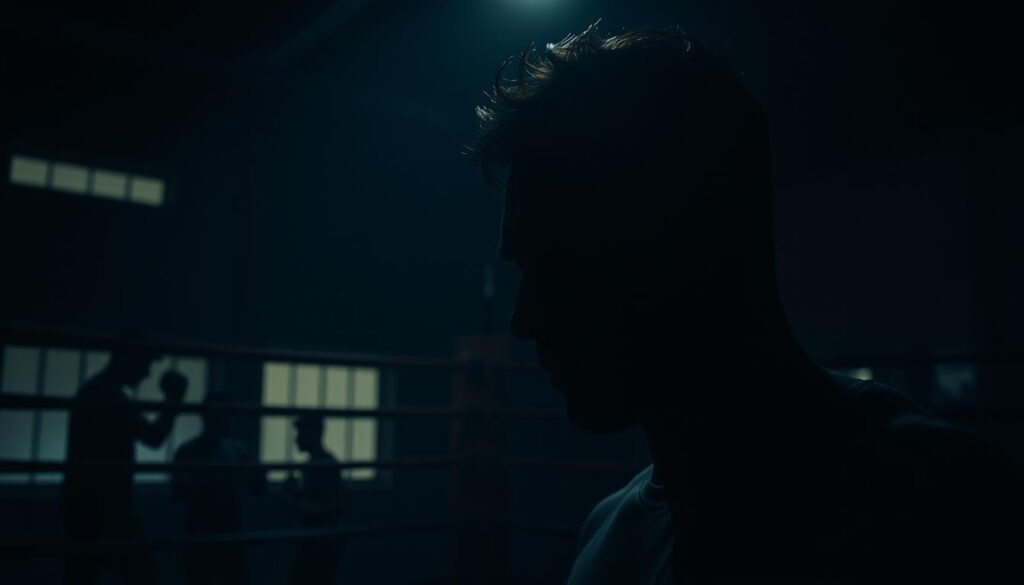 A dimly lit boxing gym, shadows cast across the canvas. A lone figure, a boxer, lost in concentration, their face half-obscured by the darkness. The air thick with the scent of sweat and determination. In the background, the silhouettes of other athletes, training with a sense of purpose, their movements fluid and powerful. The lighting is dramatic, creating a moody, atmospheric scene reminiscent of classic film noir. The camera angle is low, giving a sense of intimacy and intensity, capturing the emotional impact of the moment. A dimly lit boxing gym, shadows cast across the canvas. A lone figure, a boxer, lost in concentration, their face half-obscured by the darkness. The air thick with the scent of sweat and determination. In the background, the silhouettes of other athletes, training with a sense of purpose, their movements fluid and powerful. The lighting is dramatic, creating a moody, atmospheric scene reminiscent of classic film noir. The camera angle is low, giving a sense of intimacy and intensity, capturing the emotional impact of the moment.