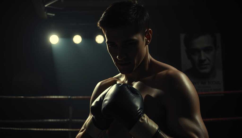 A dimly lit boxing gym, shadows cast across the ring. A lone boxer, his face obscured, gloves wrapped in worn leather. In the background, a vintage movie poster for a classic noir sports film - gritty, stylized, evoking a bygone era. Chiaroscuro lighting accentuates the boxer's chiseled features, hinting at the grit and corruption that permeate this world. The atmosphere is thick with tension, the mood somber and introspective, a visual embodiment of the historical context and significance of the film "Body and Soul." A dimly lit boxing gym, shadows cast across the ring. A lone boxer, his face obscured, gloves wrapped in worn leather. In the background, a vintage movie poster for a classic noir sports film - gritty, stylized, evoking a bygone era. Chiaroscuro lighting accentuates the boxer's chiseled features, hinting at the grit and corruption that permeate this world. The atmosphere is thick with tension, the mood somber and introspective, a visual embodiment of the historical context and significance of the film "Body and Soul."