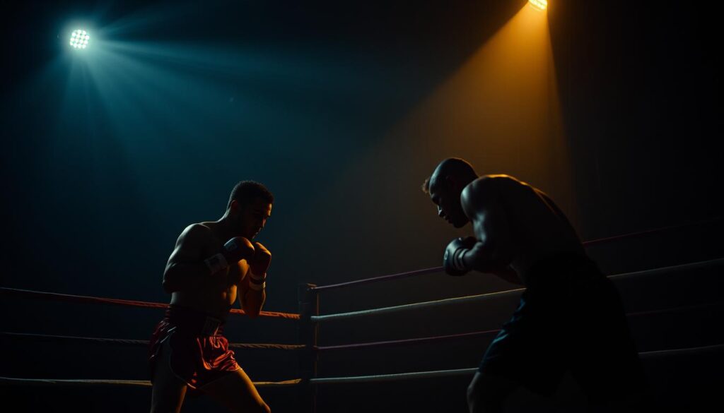 A dimly lit boxing ring, its shadows cast by a single spotlight glowing with an ominous hue. Boxers in mid-action, their faces obscured by a veil of dark contrast. Spectators lurking in the background, their identities shrouded in mystery. The scene is bathed in a moody, chiaroscuro lighting, evoking the gritty, hardboiled atmosphere of classic noir films. The camera angle is low and tilted, emphasizing the drama and tension of the moment. A sense of corruption and moral ambiguity permeates the frame, hinting at the deeper themes of the "noir sports movie" genre. A dimly lit boxing ring, its shadows cast by a single spotlight glowing with an ominous hue. Boxers in mid-action, their faces obscured by a veil of dark contrast. Spectators lurking in the background, their identities shrouded in mystery. The scene is bathed in a moody, chiaroscuro lighting, evoking the gritty, hardboiled atmosphere of classic noir films. The camera angle is low and tilted, emphasizing the drama and tension of the moment. A sense of corruption and moral ambiguity permeates the frame, hinting at the deeper themes of the "noir sports movie" genre.