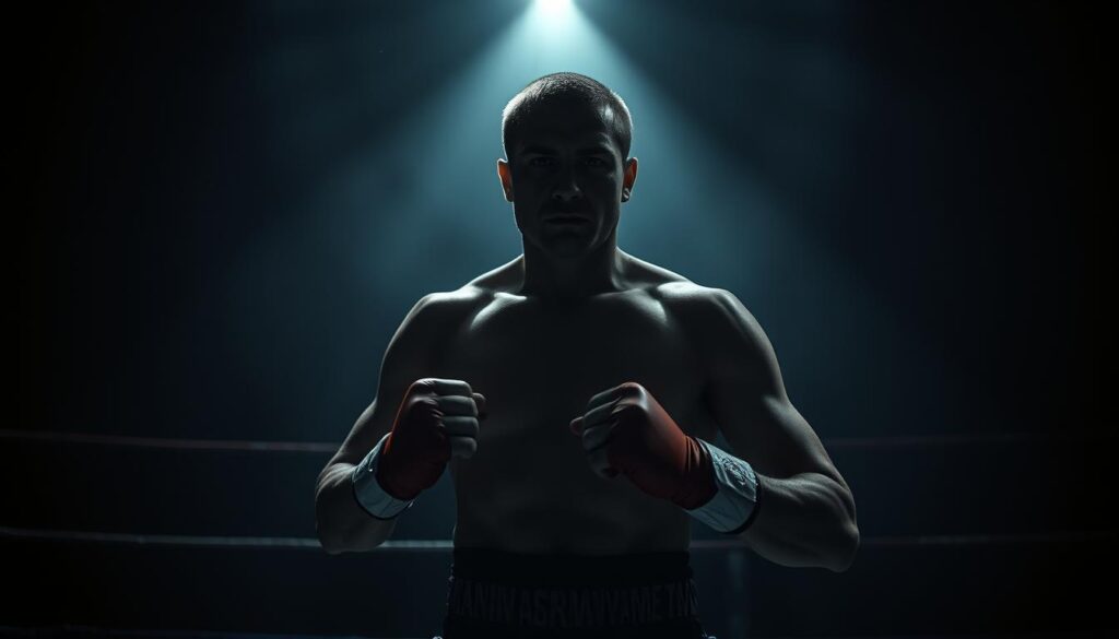 A dimly lit boxing ring, shrouded in shadows and a deep, moody atmosphere. Harsh shadows cast by a single spotlight create stark contrasts, highlighting the muscular physique of the boxer as he stands, fists clenched, ready for the final, climactic round. The ring ropes are barely visible, fading into the blackness that envelops the scene. The boxer's face is partially obscured, eyes narrowed with fierce determination, brow furrowed in concentration. The background is a hazy blur, the audience just barely discernible, creating a sense of isolation and intensity. This is the gritty, visceral world of sports noir, where the fight for victory is waged in the shadows. A dimly lit boxing ring, shrouded in shadows and a deep, moody atmosphere. Harsh shadows cast by a single spotlight create stark contrasts, highlighting the muscular physique of the boxer as he stands, fists clenched, ready for the final, climactic round. The ring ropes are barely visible, fading into the blackness that envelops the scene. The boxer's face is partially obscured, eyes narrowed with fierce determination, brow furrowed in concentration. The background is a hazy blur, the audience just barely discernible, creating a sense of isolation and intensity. This is the gritty, visceral world of sports noir, where the fight for victory is waged in the shadows.