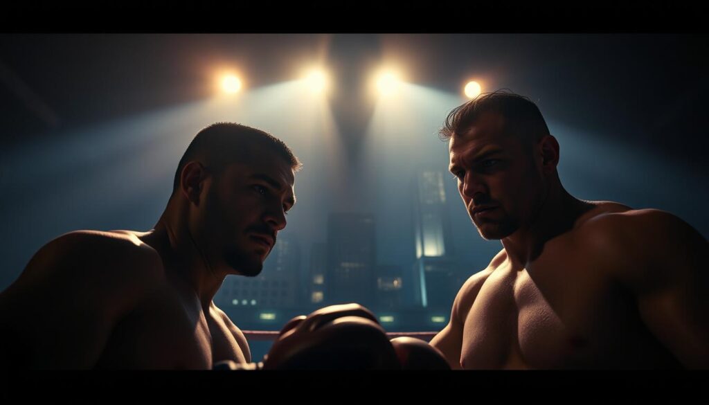 A dimly lit boxing ring, the air thick with tension. Dramatic shadows cast across the muscular fighters, their faces etched in steely resolve. Overhead, a single spotlight pierces the gloom, casting a moody glow that accentuates the chiaroscuro of their features. In the background, a hazy, neon-tinged cityscape looms, hinting at the gritty urban setting. The camera angles are tilted, creating a sense of unease and heightened drama. This is the world of the sports noir, where the thrill of the game is infused with a palpable sense of danger and moral ambiguity. A dimly lit boxing ring, the air thick with tension. Dramatic shadows cast across the muscular fighters, their faces etched in steely resolve. Overhead, a single spotlight pierces the gloom, casting a moody glow that accentuates the chiaroscuro of their features. In the background, a hazy, neon-tinged cityscape looms, hinting at the gritty urban setting. The camera angles are tilted, creating a sense of unease and heightened drama. This is the world of the sports noir, where the thrill of the game is infused with a palpable sense of danger and moral ambiguity.