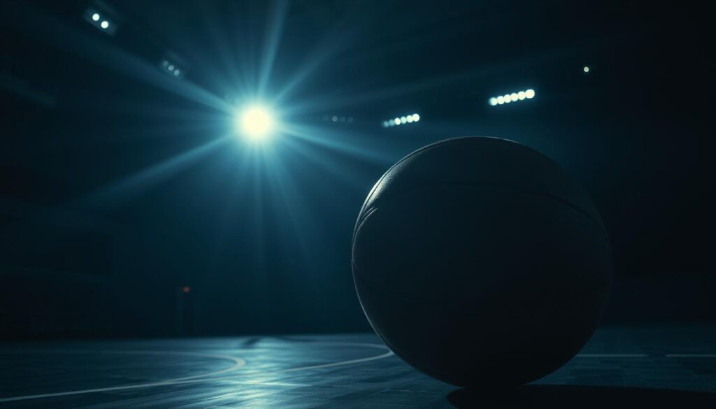 A dimly lit sports arena, shadows cast across the court. A lone basketball, its leather surface catching the sharp edge of a spotlight. The scene is saturated in deep blues and moody grays, evoking a sense of tension and mystery. The camera angle is low, creating a brooding, cinematic perspective. Dramatic lighting sculpts the players' faces, highlighting their determined expressions. Flashes of brilliant white illuminate the action, freezing moments of athletic prowess in time. The atmosphere is heavy, immersing the viewer in the high-stakes drama of the game. This is sports noir - a fusion of athletic spectacle and shadowy, psychological intrigue. A dimly lit sports arena, shadows cast across the court. A lone basketball, its leather surface catching the sharp edge of a spotlight. The scene is saturated in deep blues and moody grays, evoking a sense of tension and mystery. The camera angle is low, creating a brooding, cinematic perspective. Dramatic lighting sculpts the players' faces, highlighting their determined expressions. Flashes of brilliant white illuminate the action, freezing moments of athletic prowess in time. The atmosphere is heavy, immersing the viewer in the high-stakes drama of the game. This is sports noir - a fusion of athletic spectacle and shadowy, psychological intrigue.
