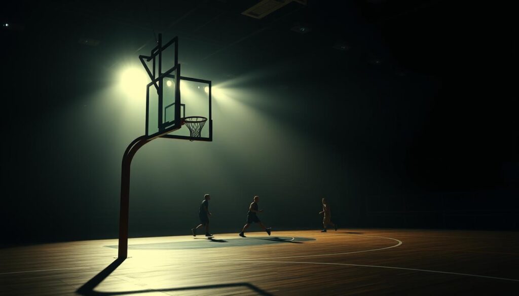 A dimly lit sports arena, the shadows stretching across the court like fingers of a noir detective. A lone basketball hoop stands in the foreground, its metal rim casting a moody silhouette. In the middle ground, the players move with a gritty, determined energy, their faces obscured by deep shadows. The background is shrouded in a hazy, cinematic gloom, the lights casting a dramatic chiaroscuro effect, heightening the sense of mystery and tension. The overall atmosphere is one of brooding intensity, where the game becomes a metaphor for the darker forces at play. This is the essence of sports noir lighting, a visual style that infuses the thrill of the game with the moody atmosphere of a classic crime drama. A dimly lit sports arena, the shadows stretching across the court like fingers of a noir detective. A lone basketball hoop stands in the foreground, its metal rim casting a moody silhouette. In the middle ground, the players move with a gritty, determined energy, their faces obscured by deep shadows. The background is shrouded in a hazy, cinematic gloom, the lights casting a dramatic chiaroscuro effect, heightening the sense of mystery and tension. The overall atmosphere is one of brooding intensity, where the game becomes a metaphor for the darker forces at play. This is the essence of sports noir lighting, a visual style that infuses the thrill of the game with the moody atmosphere of a classic crime drama.