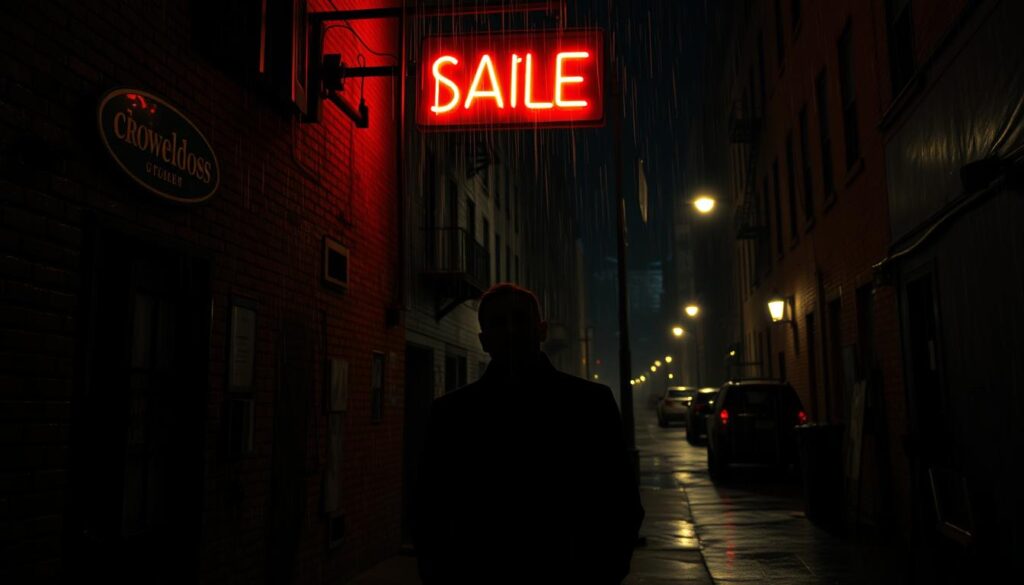 A dimly lit urban alley, glistening with rain and cast in deep shadows. In the foreground, a lone figure stands beneath a flickering neon sign, their face partially obscured in the dramatic chiaroscuro lighting. Further back, the street stretches out, lined with the iconic architecture of a bygone era - brick buildings, fire escapes, and the faint glow of streetlamps cutting through the night. The atmosphere is thick with tension, evoking the moody, atmospheric aesthetic of classic film noir. A dimly lit urban alley, glistening with rain and cast in deep shadows. In the foreground, a lone figure stands beneath a flickering neon sign, their face partially obscured in the dramatic chiaroscuro lighting. Further back, the street stretches out, lined with the iconic architecture of a bygone era - brick buildings, fire escapes, and the faint glow of streetlamps cutting through the night. The atmosphere is thick with tension, evoking the moody, atmospheric aesthetic of classic film noir.