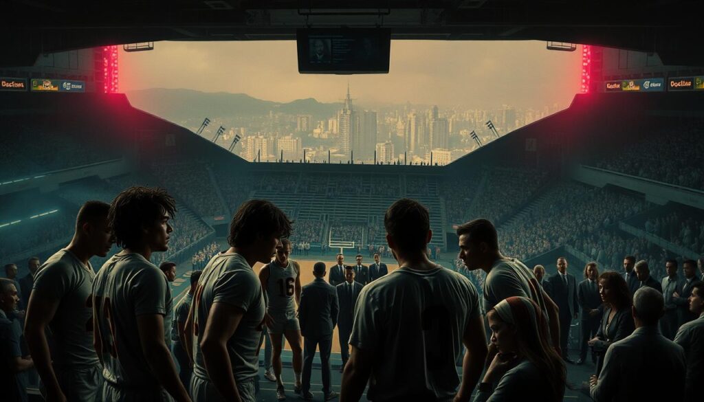 A gritty, neon-drenched scene of a retro sports arena, the stands filled with shadowy figures. In the foreground, a group of athletes engage in a heated confrontation, their uniforms tattered and their expressions hardened by the weight of corruption. In the middle ground, a network of shady figures in suits and ties pull the strings, their faces obscured. The background is a hazy, dreamlike cityscape, hinting at the broader societal implications of the sports world's underbelly. The lighting is dramatic, with harsh shadows and muted colors, conveying a sense of unease and moral ambiguity. A vintage 70s or 80s aesthetic permeates the scene, reflecting the timeless nature of the themes explored. A gritty, neon-drenched scene of a retro sports arena, the stands filled with shadowy figures. In the foreground, a group of athletes engage in a heated confrontation, their uniforms tattered and their expressions hardened by the weight of corruption. In the middle ground, a network of shady figures in suits and ties pull the strings, their faces obscured. The background is a hazy, dreamlike cityscape, hinting at the broader societal implications of the sports world's underbelly. The lighting is dramatic, with harsh shadows and muted colors, conveying a sense of unease and moral ambiguity. A vintage 70s or 80s aesthetic permeates the scene, reflecting the timeless nature of the themes explored.