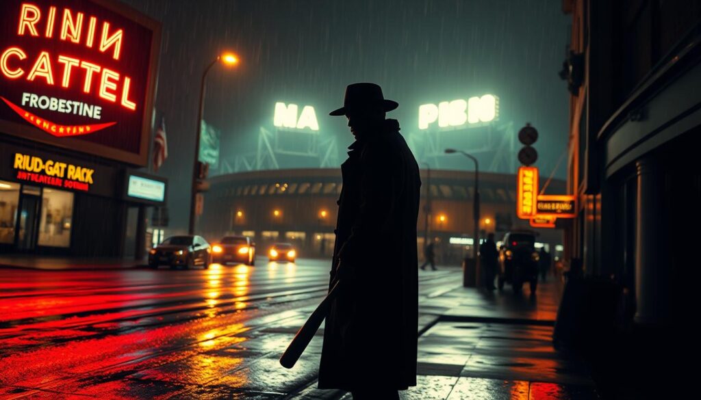 A rain-slicked city street at night, neon signs casting an eerie glow. In the foreground, a lone figure in a trenchcoat and fedora stands silhouetted, holding a baseball bat - a classic noir anti-hero. Behind them, a vintage sports stadium looms, its floodlights piercing the gloom. The scene is bathed in deep shadows and high-contrast lighting, evoking the stark aesthetic of 1940s-50s crime films. The atmosphere is tense, moody, and tinged with a sense of danger - a window into the dark underbelly of the sporting world. A rain-slicked city street at night, neon signs casting an eerie glow. In the foreground, a lone figure in a trenchcoat and fedora stands silhouetted, holding a baseball bat - a classic noir anti-hero. Behind them, a vintage sports stadium looms, its floodlights piercing the gloom. The scene is bathed in deep shadows and high-contrast lighting, evoking the stark aesthetic of 1940s-50s crime films. The atmosphere is tense, moody, and tinged with a sense of danger - a window into the dark underbelly of the sporting world.