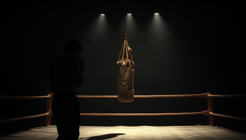 A dimly lit boxing gym, shadows cast across a well-worn canvas ring. In the foreground, a lone boxer stands, his face half-obscured, fists raised in a defensive stance. Soft, dramatic lighting accentuates the chiaroscuro effect, creating a moody, introspective atmosphere. In the middle ground, a weathered punching bag sways, its tattered leather a testament to countless battles. The background is shrouded in darkness, hinting at the underlying themes of struggle and redemption that define classic film noir. The scene is captured through a vintage, high-contrast lens, evoking the cinematic style of the era. A dimly lit boxing gym, shadows cast across a well-worn canvas ring. In the foreground, a lone boxer stands, his face half-obscured, fists raised in a defensive stance. Soft, dramatic lighting accentuates the chiaroscuro effect, creating a moody, introspective atmosphere. In the middle ground, a weathered punching bag sways, its tattered leather a testament to countless battles. The background is shrouded in darkness, hinting at the underlying themes of struggle and redemption that define classic film noir. The scene is captured through a vintage, high-contrast lens, evoking the cinematic style of the era.