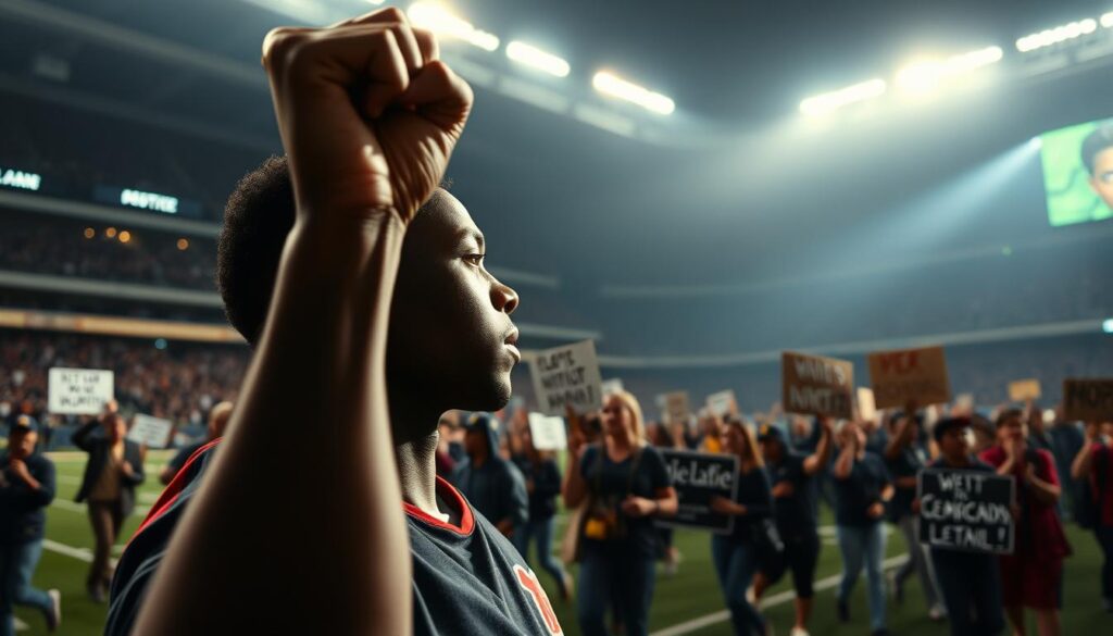 A powerful close-up of a determined athlete, fist raised in a symbol of protest, standing on a sports stadium field under dramatic lighting. In the middle ground, fellow activists march in solidarity, carrying banners and signs advocating for social justice. The background blurs into a sense of spectacle and media attention, capturing the momentum of this athletic activism movement. Crisp, cinematic composition with dynamic camera angles evokes the energy and gravity of this pivotal moment in sports history. A powerful close-up of a determined athlete, fist raised in a symbol of protest, standing on a sports stadium field under dramatic lighting. In the middle ground, fellow activists march in solidarity, carrying banners and signs advocating for social justice. The background blurs into a sense of spectacle and media attention, capturing the momentum of this athletic activism movement. Crisp, cinematic composition with dynamic camera angles evokes the energy and gravity of this pivotal moment in sports history.
