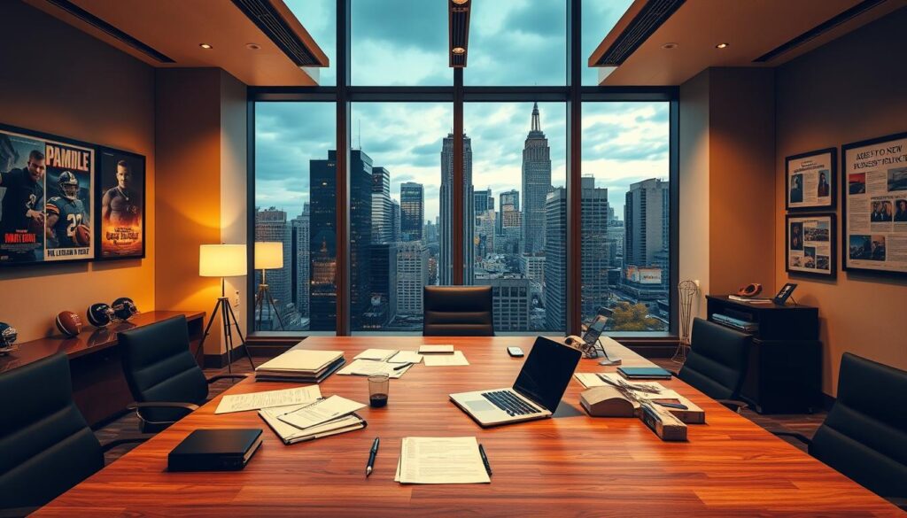 A sleek, modern office interior with large windows overlooking a bustling city skyline. In the foreground, a wooden desk with a laptop, documents, and sports memorabilia. On the walls, framed movie posters and news clippings related to sports and media. Warm, directional lighting casts a subtle glow, creating a professional yet dynamic atmosphere. The room exudes a sense of analytical focus, as if a team of experts is studying the interplay between the business of sports and the entertainment industry. A sleek, modern office interior with large windows overlooking a bustling city skyline. In the foreground, a wooden desk with a laptop, documents, and sports memorabilia. On the walls, framed movie posters and news clippings related to sports and media. Warm, directional lighting casts a subtle glow, creating a professional yet dynamic atmosphere. The room exudes a sense of analytical focus, as if a team of experts is studying the interplay between the business of sports and the entertainment industry.