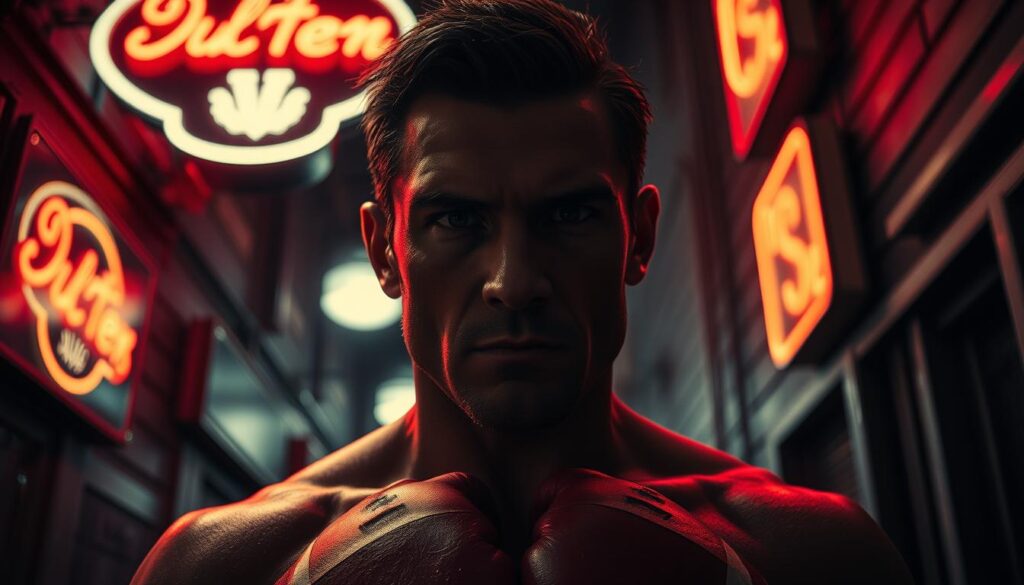 A brooding, weathered boxer stands resolute in a dimly lit alley, his face half-obscured by shadows. Neon signs cast an eerie glow, bathing the scene in an unsettling film noir atmosphere. Crisp, high-contrast lighting highlights the boxer's chiseled features, conveying a sense of determination and melancholy. The camera angle is low, lending a sense of power and gravitas to the subject. The environment is gritty and foreboding, reflecting the character's inner turmoil and the harsh realities of the criminal underworld he inhabits. This iconic image captures the essence of boxing's presence in the noir genre - a story of struggle, redemption, and the pursuit of justice in a world shrouded in darkness. A brooding, weathered boxer stands resolute in a dimly lit alley, his face half-obscured by shadows. Neon signs cast an eerie glow, bathing the scene in an unsettling film noir atmosphere. Crisp, high-contrast lighting highlights the boxer's chiseled features, conveying a sense of determination and melancholy. The camera angle is low, lending a sense of power and gravitas to the subject. The environment is gritty and foreboding, reflecting the character's inner turmoil and the harsh realities of the criminal underworld he inhabits. This iconic image captures the essence of boxing's presence in the noir genre - a story of struggle, redemption, and the pursuit of justice in a world shrouded in darkness.