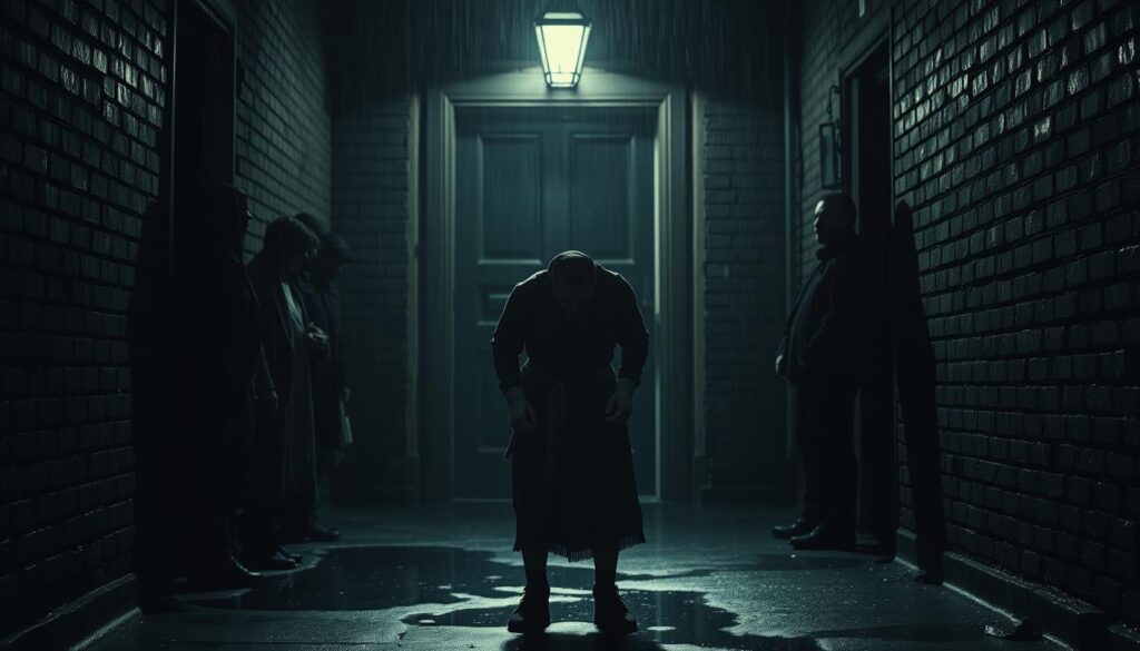 A dark, rain-soaked alleyway. A lone boxer, his face a mask of anguish, stands hunched over a dimly lit doorway. Harsh shadows cast by a flickering streetlamp create a stark, moody atmosphere. In the background, the silhouettes of onlookers gather, their expressions obscured, creating a sense of isolation and despair. The boxer's tattered robe and bandaged hands suggest a life of struggle, while the crumbling brick walls and puddles underfoot evoke a sense of urban decay. The lighting is contrasty, with deep shadows and pools of light, evoking the aesthetic of classic film noir. The overall composition and mood convey a powerful sense of tragedy and the harsh realities faced by those on the margins of society. A dark, rain-soaked alleyway. A lone boxer, his face a mask of anguish, stands hunched over a dimly lit doorway. Harsh shadows cast by a flickering streetlamp create a stark, moody atmosphere. In the background, the silhouettes of onlookers gather, their expressions obscured, creating a sense of isolation and despair. The boxer's tattered robe and bandaged hands suggest a life of struggle, while the crumbling brick walls and puddles underfoot evoke a sense of urban decay. The lighting is contrasty, with deep shadows and pools of light, evoking the aesthetic of classic film noir. The overall composition and mood convey a powerful sense of tragedy and the harsh realities faced by those on the margins of society.