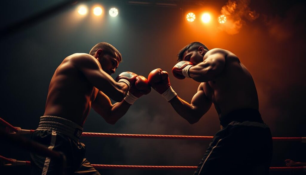 A dimly lit boxing ring in the heart of the city, surrounded by shadows and smoke. The ring lights cast a warm, amber glow, illuminating the sweat-soaked fighters as they exchange blows. The camera angle is low, capturing the raw intensity of the match from the perspective of a ringside spectator. Harsh shadows accentuate the chiseled features and gritty determination of the boxers, while the background remains shrouded in a hazy, atmospheric gloom. The overall mood is one of cinematic drama, where the sport becomes a metaphor for the gritty, unforgiving nature of the urban landscape. A dimly lit boxing ring in the heart of the city, surrounded by shadows and smoke. The ring lights cast a warm, amber glow, illuminating the sweat-soaked fighters as they exchange blows. The camera angle is low, capturing the raw intensity of the match from the perspective of a ringside spectator. Harsh shadows accentuate the chiseled features and gritty determination of the boxers, while the background remains shrouded in a hazy, atmospheric gloom. The overall mood is one of cinematic drama, where the sport becomes a metaphor for the gritty, unforgiving nature of the urban landscape.