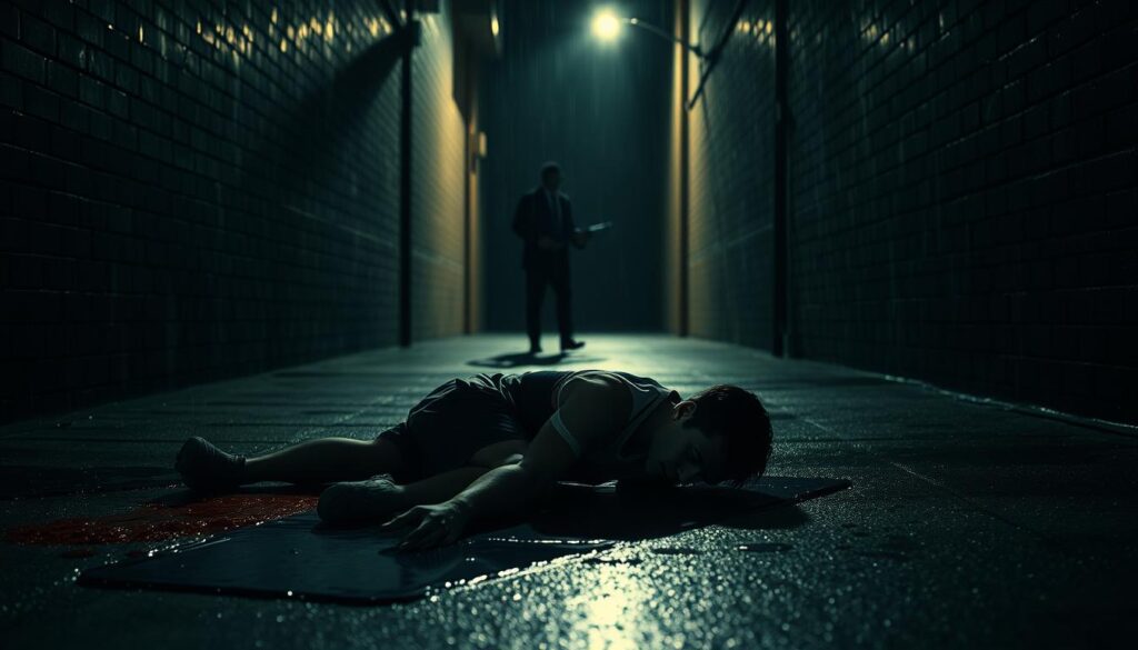 A dimly lit alley, rain-slicked pavement glistening under a single streetlight. In the foreground, a fallen figure shrouded in shadows, his sports jersey a testament to a once-promising career now in ruins. Pools of blood mingle with puddles, hinting at a violent end to his downfall. In the middle ground, a shadowy figure retreats, their face obscured, holding a weapon - the tool of this sports noir tragedy. The background fades into an impenetrable darkness, a metaphor for the depths of corruption and despair that have consumed this fallen athlete. A dimly lit alley, rain-slicked pavement glistening under a single streetlight. In the foreground, a fallen figure shrouded in shadows, his sports jersey a testament to a once-promising career now in ruins. Pools of blood mingle with puddles, hinting at a violent end to his downfall. In the middle ground, a shadowy figure retreats, their face obscured, holding a weapon - the tool of this sports noir tragedy. The background fades into an impenetrable darkness, a metaphor for the depths of corruption and despair that have consumed this fallen athlete.