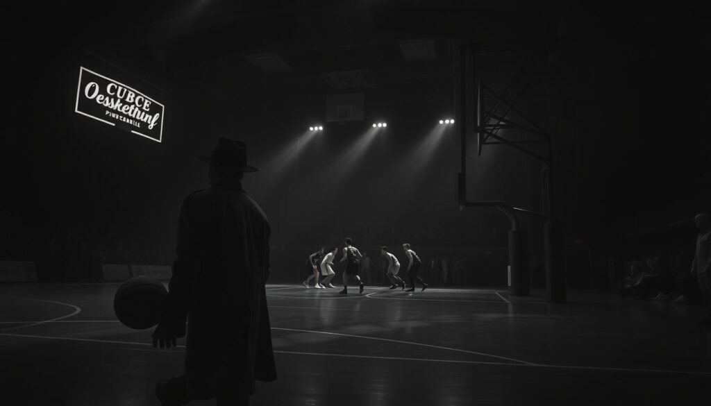 A dimly lit sports arena, shadows creeping across the court. In the foreground, a lone figure dribbles a basketball, their face obscured by a fedora, trenchcoat billowing. Overhead, neon signs flicker, casting an ominous glow. The middle ground reveals players locked in an intense match, their movements heightened, the stakes palpable. In the background, a crowd watches, their expressions shrouded in mystery. The scene is saturated with a moody, cinematic quality, evoking the atmosphere of a classic noir film. Dramatic chiaroscuro lighting, a high-contrast black-and-white palette, and a sense of ominous foreboding permeate the image. A dimly lit sports arena, shadows creeping across the court. In the foreground, a lone figure dribbles a basketball, their face obscured by a fedora, trenchcoat billowing. Overhead, neon signs flicker, casting an ominous glow. The middle ground reveals players locked in an intense match, their movements heightened, the stakes palpable. In the background, a crowd watches, their expressions shrouded in mystery. The scene is saturated with a moody, cinematic quality, evoking the atmosphere of a classic noir film. Dramatic chiaroscuro lighting, a high-contrast black-and-white palette, and a sense of ominous foreboding permeate the image.