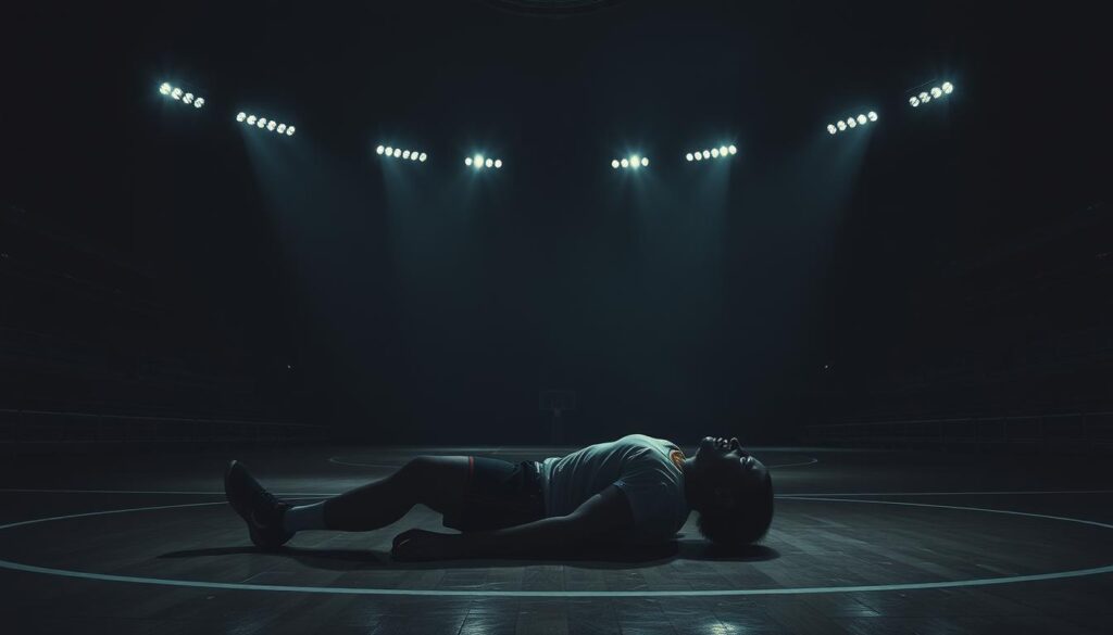A dimly lit sports arena, shadows creeping across the empty stands. In the center, a lone figure lies crumpled on the court, a shattered dream in their eyes. Dramatic chiaroscuro lighting casts dramatic angles, the player's form a study in contrasts - the pain and anguish of their defeat etched in every line. The air is thick with a palpable sense of tragedy, a somber, brooding atmosphere pervading the scene. The viewer is drawn into the emotional turmoil, a sense of empathy and melancholy washing over them. This is the essence of noir sports - a cautionary tale of ambition, risk, and the cost of failure. A dimly lit sports arena, shadows creeping across the empty stands. In the center, a lone figure lies crumpled on the court, a shattered dream in their eyes. Dramatic chiaroscuro lighting casts dramatic angles, the player's form a study in contrasts - the pain and anguish of their defeat etched in every line. The air is thick with a palpable sense of tragedy, a somber, brooding atmosphere pervading the scene. The viewer is drawn into the emotional turmoil, a sense of empathy and melancholy washing over them. This is the essence of noir sports - a cautionary tale of ambition, risk, and the cost of failure.