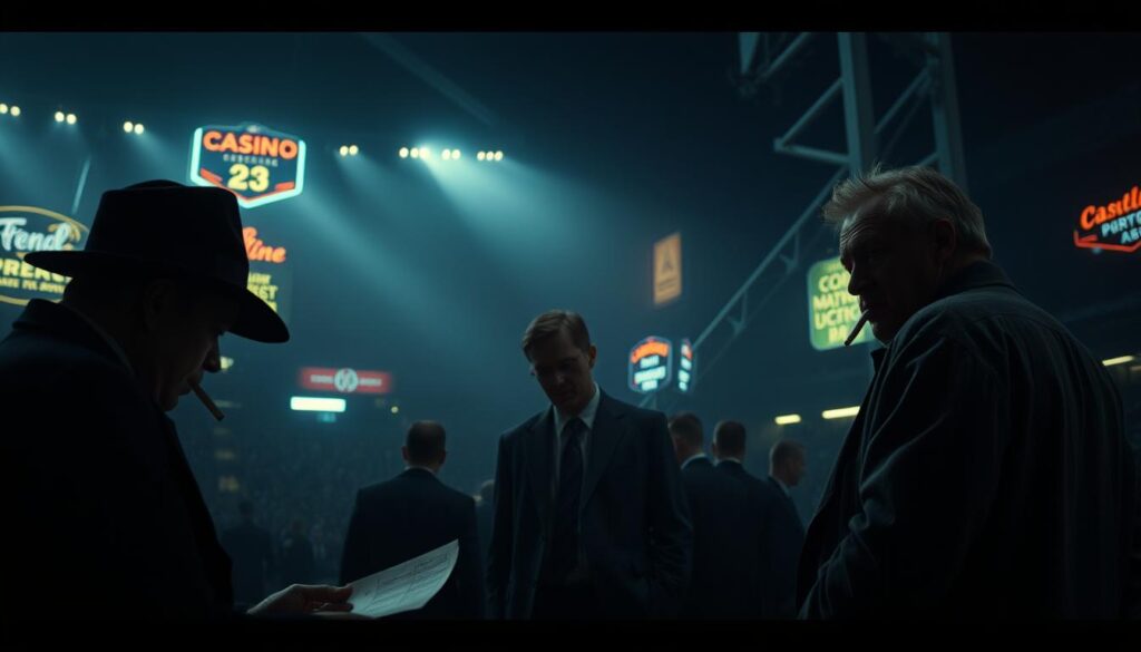 A dimly lit sports arena, shrouded in a haze of cigarette smoke and suspicion. In the foreground, a shadowy figure hunches over a betting slip, their face obscured by the brim of a fedora. The middle ground reveals a tense confrontation between a crooked team owner and a disheveled sportswriter, their expressions etched with distrust and desperation. In the background, the flickering neon signs of a seedy casino cast an ominous glow, hinting at the hidden web of corruption that binds this world together. The scene is captured with a moody, cinematic lighting, evoking the gritty aesthetic of a classic film noir. A sense of foreboding and unease permeates the atmosphere, reflecting the enduring relevance of the themes of gambling, greed, and the corrosion of integrity in the world of sports. A dimly lit sports arena, shrouded in a haze of cigarette smoke and suspicion. In the foreground, a shadowy figure hunches over a betting slip, their face obscured by the brim of a fedora. The middle ground reveals a tense confrontation between a crooked team owner and a disheveled sportswriter, their expressions etched with distrust and desperation. In the background, the flickering neon signs of a seedy casino cast an ominous glow, hinting at the hidden web of corruption that binds this world together. The scene is captured with a moody, cinematic lighting, evoking the gritty aesthetic of a classic film noir. A sense of foreboding and unease permeates the atmosphere, reflecting the enduring relevance of the themes of gambling, greed, and the corrosion of integrity in the world of sports.