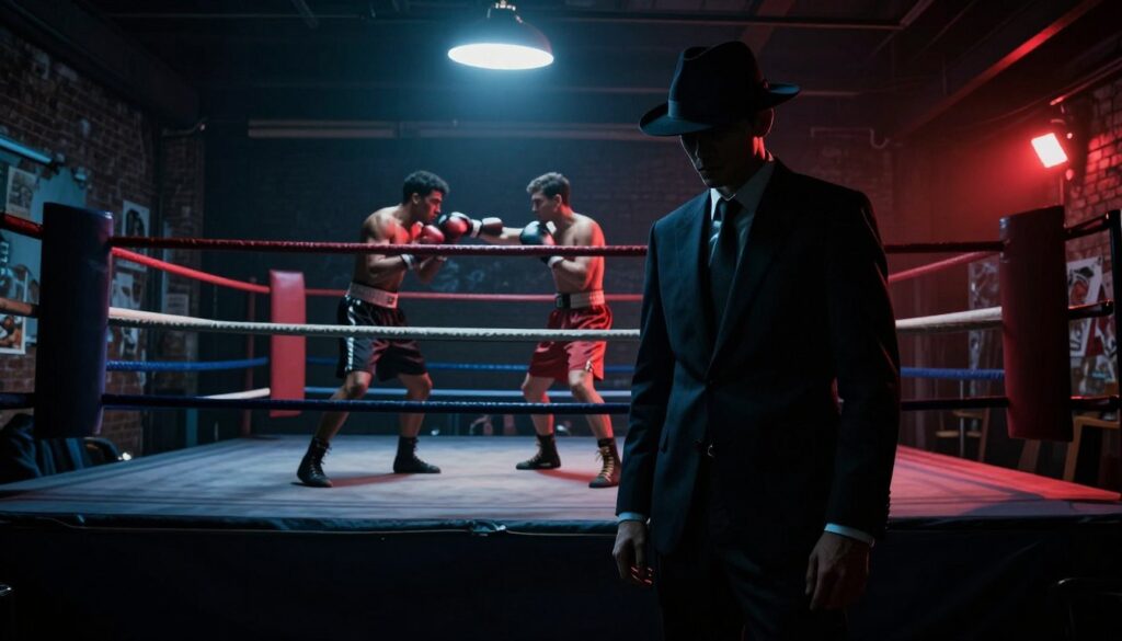 A dimly-lit urban sports arena at night, bathed in deep shadows and dramatic highlights reflecting the essence of sports noir. In the foreground, a lone figure in a tailored dark suit stands by the edge of the boxing ring, his face partially obscured by a fedora, exuding an air of mystery. The middle ground features a vintage boxing match in progress, with fighters throwing punches under harsh, contrasting spotlights. The background presents gritty brick walls adorned with peeling posters, and a flickering overhead light casts a haunting glow on the scene. The atmosphere is tense and evocative, utilizing high-contrast color grading with moody blues and stark reds, emphasizing the emotional weight of the narrative and the gritty ambiance of the sport. A dimly-lit urban sports arena at night, bathed in deep shadows and dramatic highlights reflecting the essence of sports noir. In the foreground, a lone figure in a tailored dark suit stands by the edge of the boxing ring, his face partially obscured by a fedora, exuding an air of mystery. The middle ground features a vintage boxing match in progress, with fighters throwing punches under harsh, contrasting spotlights. The background presents gritty brick walls adorned with peeling posters, and a flickering overhead light casts a haunting glow on the scene. The atmosphere is tense and evocative, utilizing high-contrast color grading with moody blues and stark reds, emphasizing the emotional weight of the narrative and the gritty ambiance of the sport.
