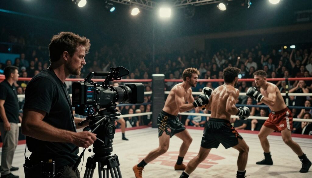 A dynamic sports noir scene showcasing a cinematic filming setup with a long lens capturing a crowded arena. In the foreground, a filmmaker operates a Steadicam, revealing a sense of fatigue as they follow a ringside action sequence. The middle ground highlights athletes engaged in an intense competition, their expressions reflecting determination, while the blurred crowd adds a feeling of excitement and urgency. The background features dramatic overhead lighting that casts shadows, enhancing the noir atmosphere. Subtle digital noise texture overlays the image, suggesting modern filmmaking techniques. The overall mood is tense and gritty, invoking the trademark style of sports noir. A dynamic sports noir scene showcasing a cinematic filming setup with a long lens capturing a crowded arena. In the foreground, a filmmaker operates a Steadicam, revealing a sense of fatigue as they follow a ringside action sequence. The middle ground highlights athletes engaged in an intense competition, their expressions reflecting determination, while the blurred crowd adds a feeling of excitement and urgency. The background features dramatic overhead lighting that casts shadows, enhancing the noir atmosphere. Subtle digital noise texture overlays the image, suggesting modern filmmaking techniques. The overall mood is tense and gritty, invoking the trademark style of sports noir.