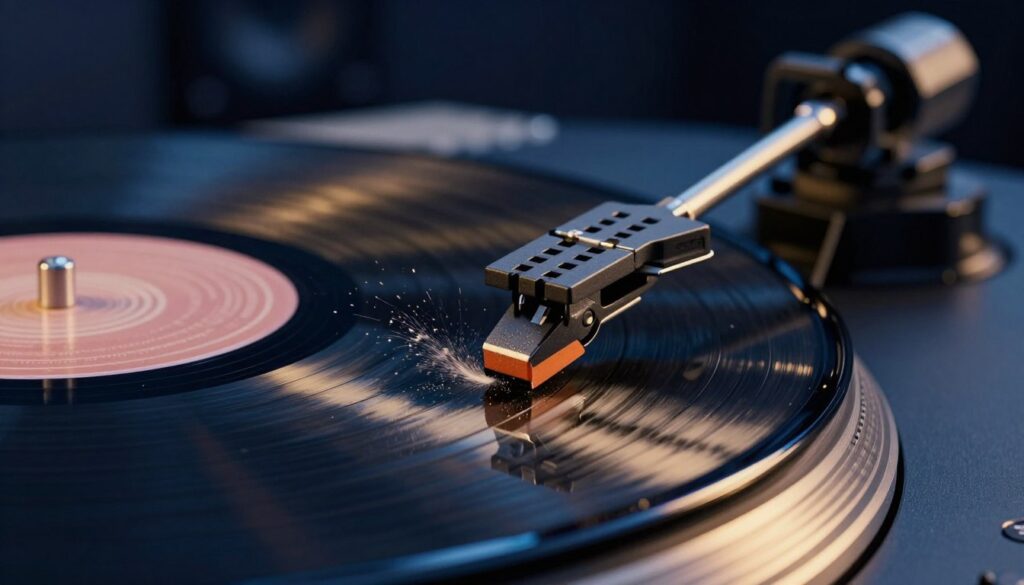 A close-up of a vinyl record player needle delicately lowering onto a spinning vinyl record, capturing the moment of contact with a vivid splash of dust particles illuminated by soft, warm lighting. In the foreground, the needle glistens with precision, showcasing intricate details of its metallic design. The middle ground features the textured vinyl surface, grooves visible and slightly reflecting light, enhancing the sense of realism. In the background, blurred visuals of ambient sound equipment and synth pads create an atmospheric blend, evoking a modern musical environment. The overall mood is rich and immersive, with a palette of deep blues and blacks, punctuated by warm golden highlights, embodying the fusion of sound and tranquility. The angle is low, capturing the essence of artistry in music production. A close-up of a vinyl record player needle delicately lowering onto a spinning vinyl record, capturing the moment of contact with a vivid splash of dust particles illuminated by soft, warm lighting. In the foreground, the needle glistens with precision, showcasing intricate details of its metallic design. The middle ground features the textured vinyl surface, grooves visible and slightly reflecting light, enhancing the sense of realism. In the background, blurred visuals of ambient sound equipment and synth pads create an atmospheric blend, evoking a modern musical environment. The overall mood is rich and immersive, with a palette of deep blues and blacks, punctuated by warm golden highlights, embodying the fusion of sound and tranquility. The angle is low, capturing the essence of artistry in music production.