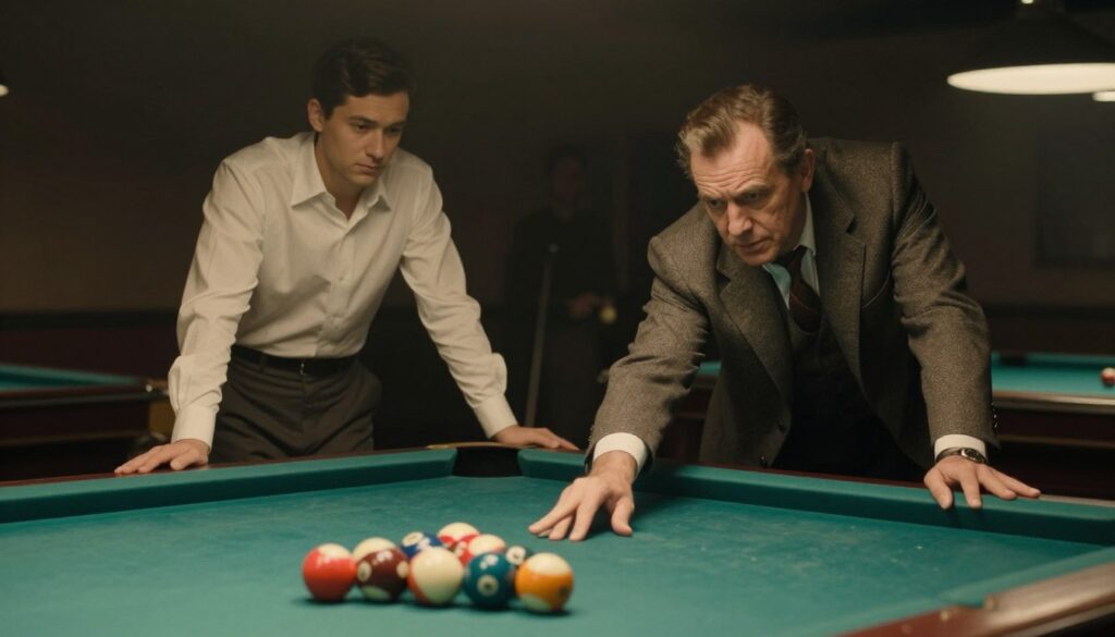 A dimly lit, smoky billiards hall captures the essence of 1960s noir, reflecting the grit and determination of two characters engaged in a high-stakes pool game. In the foreground, a middle-aged man in a classic tailored suit leans over a pool table, his furrowed brow suggesting concentration and ambition. Beside him, a younger protégé in a smart casual outfit watches intently, embodying the role of a mentor. The middle ground features the worn green felt of the table, with colorful billiard balls arranged in a triangle, symbolizing competition and capitalism. The background reveals a blurred glimpse of shadowy figures, evoking rivalry and tension. Use soft, ambient lighting to create a moody atmosphere, reminiscent of Martin Scorsese’s cinematic style, with a slightly grainy texture to enhance the vintage feel. Capture the essence of mentorship amidst the backdrop of a competitive world. A dimly lit, smoky billiards hall captures the essence of 1960s noir, reflecting the grit and determination of two characters engaged in a high-stakes pool game. In the foreground, a middle-aged man in a classic tailored suit leans over a pool table, his furrowed brow suggesting concentration and ambition. Beside him, a younger protégé in a smart casual outfit watches intently, embodying the role of a mentor. The middle ground features the worn green felt of the table, with colorful billiard balls arranged in a triangle, symbolizing competition and capitalism. The background reveals a blurred glimpse of shadowy figures, evoking rivalry and tension. Use soft, ambient lighting to create a moody atmosphere, reminiscent of Martin Scorsese’s cinematic style, with a slightly grainy texture to enhance the vintage feel. Capture the essence of mentorship amidst the backdrop of a competitive world.