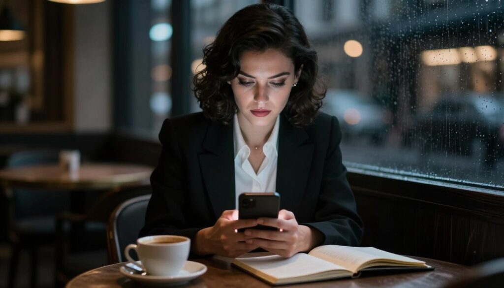 A modern femme fatale sits at a sleek, dimly lit café table, her focused gaze fixed on the glowing screen of her smartphone, capturing the essence of neo-noir. In the foreground, a hand elegantly cradles the device, illuminated by an alluring soft light that contrasts with the shadows enveloping her figure. She wears a tailored black blazer over a white blouse, embodying sophistication and mystery. In the middle, coffee cups and an open notebook hint at creativity and contemplation. The background reveals blurred city lights through a rain-streaked window, enhancing the moody atmosphere. The scene is shot with a shallow depth of field to emphasize her as the central figure, evoking intrigue and tension, with a cinematic, dramatic flair that invites curiosity. A modern femme fatale sits at a sleek, dimly lit café table, her focused gaze fixed on the glowing screen of her smartphone, capturing the essence of neo-noir. In the foreground, a hand elegantly cradles the device, illuminated by an alluring soft light that contrasts with the shadows enveloping her figure. She wears a tailored black blazer over a white blouse, embodying sophistication and mystery. In the middle, coffee cups and an open notebook hint at creativity and contemplation. The background reveals blurred city lights through a rain-streaked window, enhancing the moody atmosphere. The scene is shot with a shallow depth of field to emphasize her as the central figure, evoking intrigue and tension, with a cinematic, dramatic flair that invites curiosity.