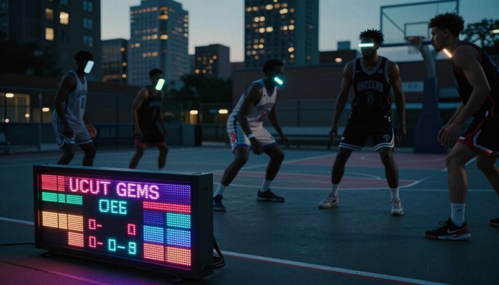 A modern neo-noir scene capturing the essence of “Uncut Gems” lighting. In the foreground, a sleek LED scoreboard glows with vibrant colors, displaying dynamic stats. The middle features a textured basketball court, with players in professional athletic attire engaged in intense action, their faces lit from below by glowing phone screens that also add a stylistic narrative element. The background consists of a slightly blurred urban landscape, showcasing tall buildings and city lights under a twilight sky, creating a moody atmosphere filled with tension. The composition emphasizes dramatic contrasts between light and shadow, with a focus on sharp angles and deep colors, evoking the contemporary aesthetic of neo-noir films. A modern neo-noir scene capturing the essence of “Uncut Gems” lighting. In the foreground, a sleek LED scoreboard glows with vibrant colors, displaying dynamic stats. The middle features a textured basketball court, with players in professional athletic attire engaged in intense action, their faces lit from below by glowing phone screens that also add a stylistic narrative element. The background consists of a slightly blurred urban landscape, showcasing tall buildings and city lights under a twilight sky, creating a moody atmosphere filled with tension. The composition emphasizes dramatic contrasts between light and shadow, with a focus on sharp angles and deep colors, evoking the contemporary aesthetic of neo-noir films.