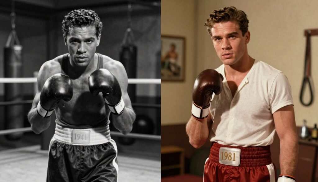 A split-screen comparison of two distinct cinematic interpretations of "Body and Soul," highlighting the differences between the 1947 and 1981 versions. On the left, a black-and-white scene from the 1947 film, featuring a classic boxing gym backdrop. The atmosphere is gritty, with dim lighting casting deep shadows, enhancing a tone of struggle and redemption. An intense boxer in professional attire practices in the foreground, showing determination on his face. The right side showcases the vibrant palette of the 1981 film, using warm colors that give a more approachable vibe. In this scene, the boxer appears more polished and confident, surrounded by modern gym decor. Capture the essence of change by reflecting shifts in tone, politics, and reception without including any text or captions. The composition should maintain a cohesive flow, revealing a profound commentary on evolution in cinematic storytelling. A split-screen comparison of two distinct cinematic interpretations of "Body and Soul," highlighting the differences between the 1947 and 1981 versions. On the left, a black-and-white scene from the 1947 film, featuring a classic boxing gym backdrop. The atmosphere is gritty, with dim lighting casting deep shadows, enhancing a tone of struggle and redemption. An intense boxer in professional attire practices in the foreground, showing determination on his face. The right side showcases the vibrant palette of the 1981 film, using warm colors that give a more approachable vibe. In this scene, the boxer appears more polished and confident, surrounded by modern gym decor. Capture the essence of change by reflecting shifts in tone, politics, and reception without including any text or captions. The composition should maintain a cohesive flow, revealing a profound commentary on evolution in cinematic storytelling.