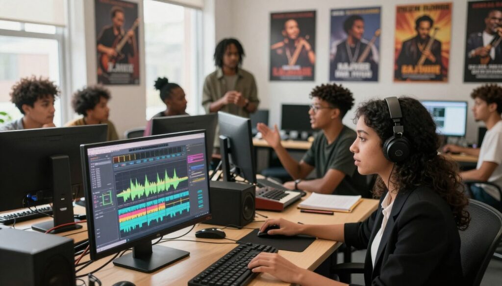 A vibrant classroom scene depicting sound design activity centered on editing rhythms, featuring diverse individuals collaborating at computers and using sound editing software. In the foreground, a focused young woman wearing professional attire analyzes waveform patterns on a screen, with colorful peaks and valleys representing various musical styles. In the middle, a group discusses their thoughts animatedly, surrounded by music production equipment like microphones and synthesizers. The background showcases large posters of jazz and trap music artists, adding to the creative atmosphere. Natural light pours in from large windows, creating a warm and inspiring ambiance, while a slight lens blur adds depth to the scene. The overall mood is energetic and collaborative, reflecting the dynamic nature of sound editing and the fusion of different musical genres. A vibrant classroom scene depicting sound design activity centered on editing rhythms, featuring diverse individuals collaborating at computers and using sound editing software. In the foreground, a focused young woman wearing professional attire analyzes waveform patterns on a screen, with colorful peaks and valleys representing various musical styles. In the middle, a group discusses their thoughts animatedly, surrounded by music production equipment like microphones and synthesizers. The background showcases large posters of jazz and trap music artists, adding to the creative atmosphere. Natural light pours in from large windows, creating a warm and inspiring ambiance, while a slight lens blur adds depth to the scene. The overall mood is energetic and collaborative, reflecting the dynamic nature of sound editing and the fusion of different musical genres.